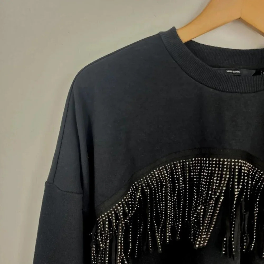 VERO MODA Kaidyn Rhinestone Fringe Pullover Sweatshirt In Black Size S NWT - Picture 6 of 11